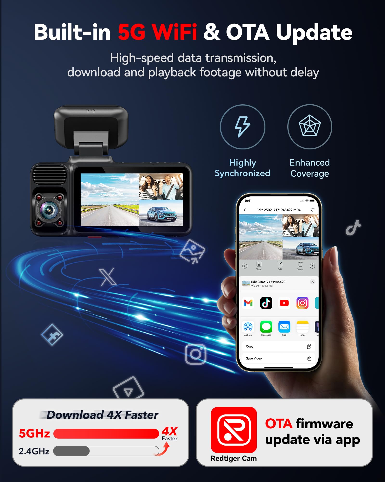 REDTIGER F17 4K 3 Channel Dash Cam, 5GHz WiFi Built-in GPS with 64GB Card, 2160P+1080P+1080P Front and Rear Inside, Triple Car Camera with 3 Inch Screen, IR Night Vision, G Sensor, WDR, Parking Mode