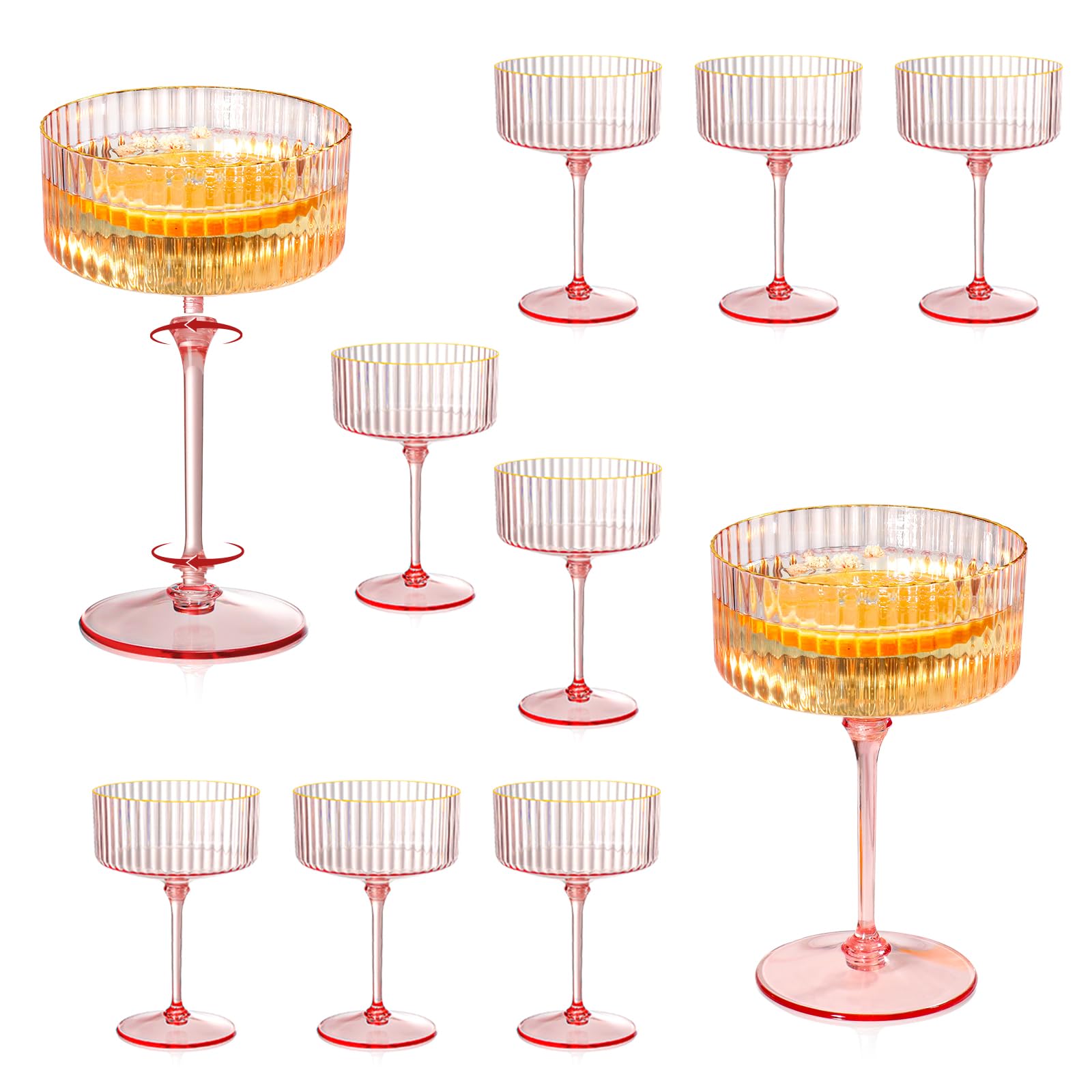 Photo 1 of 12 Pcs Detachable Martini Glasses 10oz Plasitc Pink Ribbed Coupe Glasses Gold Rim With Pink Stem Vintage Cocktail Glassware Set Unique Martini Glass For Champagne Wine Wedding Anniversary Bar