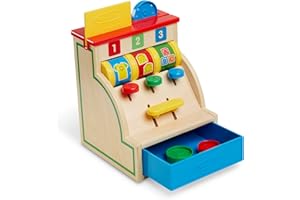 Melissa & Doug 13378 Spin and Swipe Wooden Toy Cash Register with 3 Play Coins, Pretend Credit