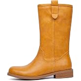 SUIARA Mid Calf Boots for Women Pull On Chunky Block Low Heel Round Toe Campus Boot Comfortable Casual Boots