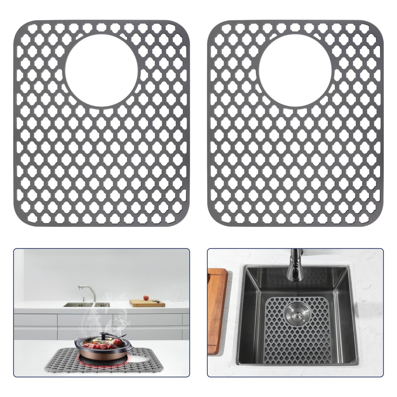Photo 1 of Snuggery 2PCS Silicone Sink Protector 12"x14" Rear Drain Hole, Heat Resistant Non-slip Dishwasher Suitable, Large Mat for Bottom of Farmhouse Kitchen Stainless Steel Sink
