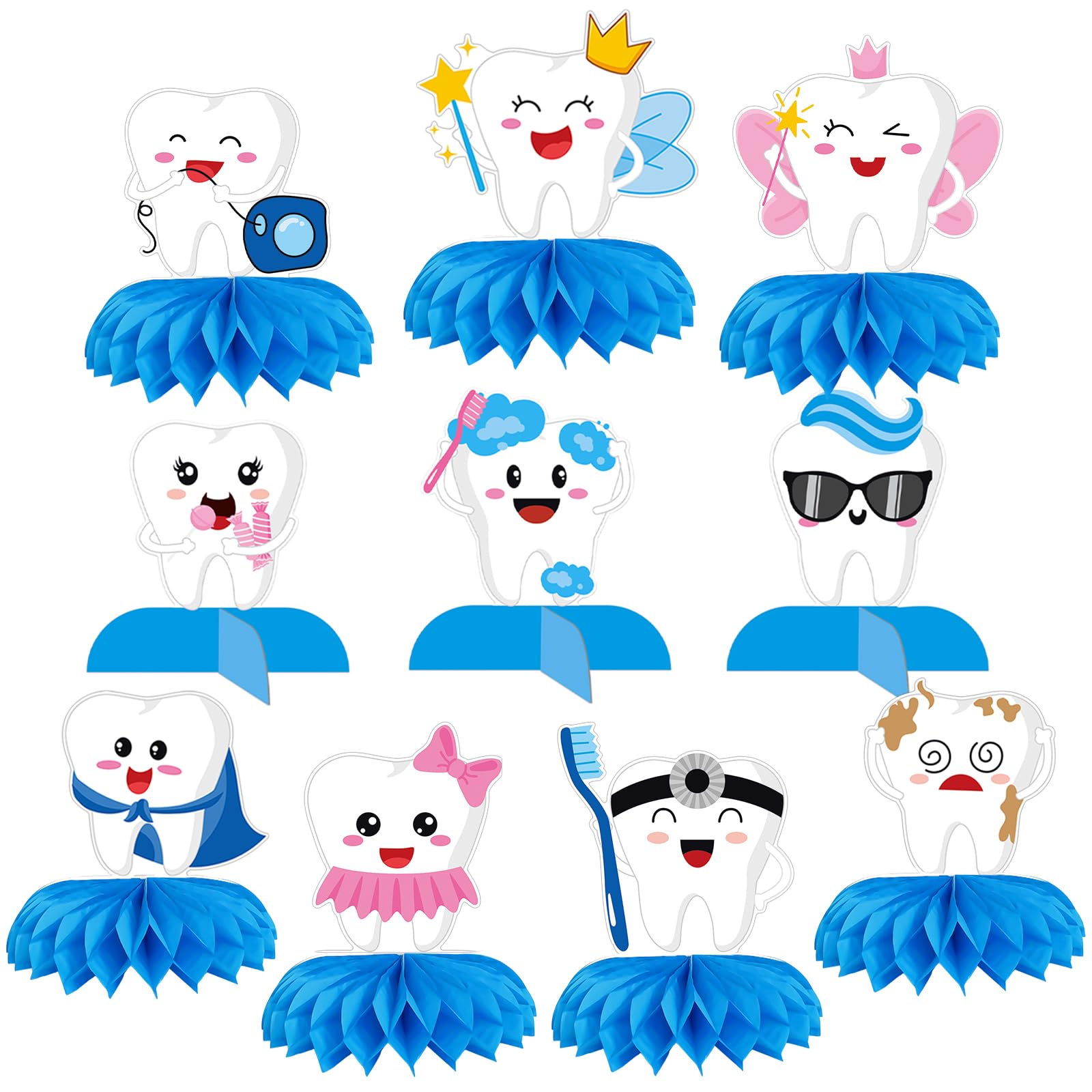 Photo 1 of 10 Pieces Tooth Honeycomb Centerpieces Table Decor, Cartoon Tooth Fairy, Dentist, and Crown Pattern Table Topper Ornaments Signs for Baby’s First Tooth, Dental Graduation, Clinic Party Decorations