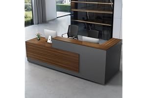 HUARIIFOWM Modern L-Shaped Reception Desk with Hutch, Reception Counter Table, Lockable Drawer Door Cabinet, Office Wooden Computer Front Desk (Walnut+lron Gray-Right Cabinet, 70.87"L*23.62"W*41.34"H)
