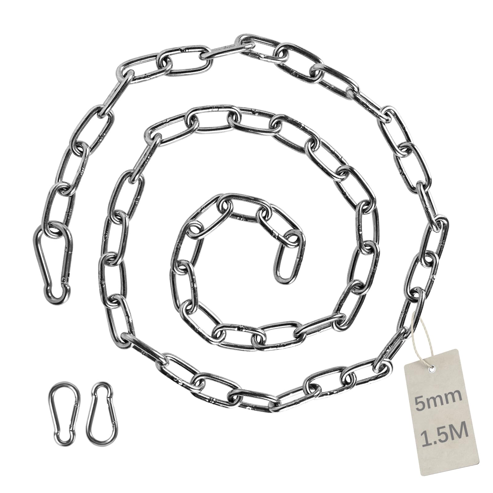 EXLECO 1.5 m Stainless Steel Chain Diameter 5 mm Steel Chain Link Chain Barrier Chain Decorative Chain with 2 Carabiner Hooks Metal Chain for Hanging Dog Chain Anchor Chain Round Link Chain Long Link