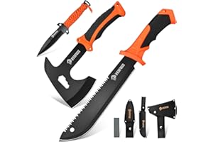 NedFoss 15" Machete, 10" Hatchet with Sheath, Fixed Blade Hunting Knife with Sheath, Camping Hatchet with Shock Reduction Handle, Machete for Cutting Trees, for Yard Work, Clearing Brush