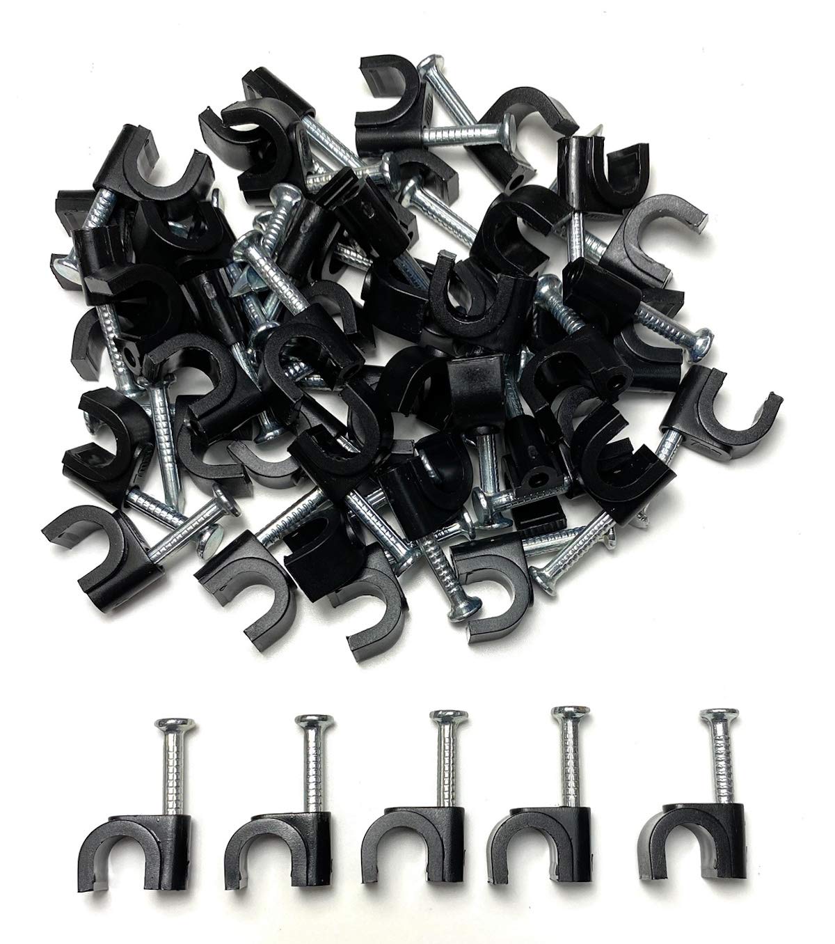 TR Cable® Pack of 50 Round Black Cable Clips with Strong Nails - Durable & Versatile - Ideal for Indoor/Outdoor Cable Management, 7mm