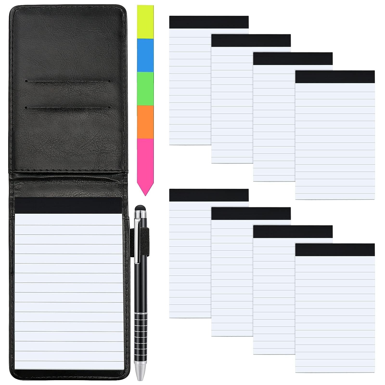 Meetory 11 Pcs Small Pocket Notebook Mini Notepad Set, Included A7 Pu Leather Notebook Pen Holder with 50 Lined Sheets, 8 Notepad Memo Book Refills with 30 Lined Paper, Metal Pen And Index Tag(Black)