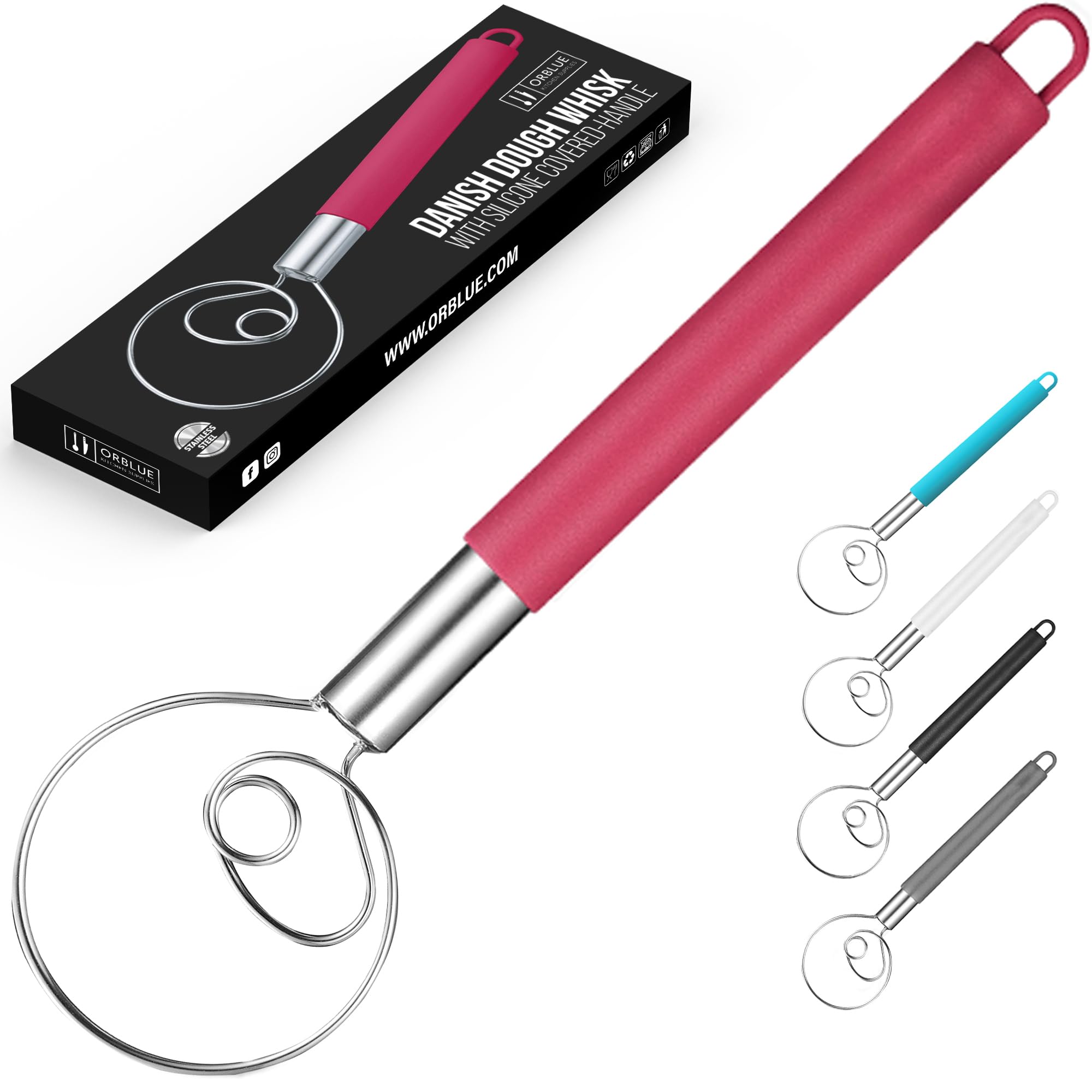 ORBLUE Danish Dough Whisk with Silicone Covered Handle, Stainless Steel Mixer, Red
