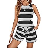 SweatyRocks Women's Casual Striped 2 Piece Sets Crewneck Tank Top Short Sets Going Out Outfits