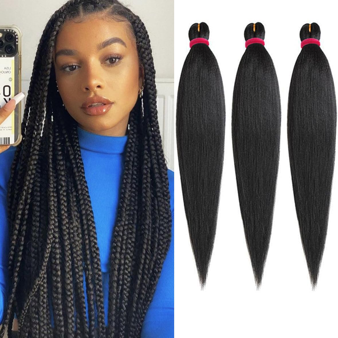 Leeven 3 Packs Pre Stretched Braiding Hair Yaki Texture 26 Inch Synthetic Hair EZ Braid Hair for Woman Pre Stretched Ombre Braiding Hair Extensions /1B# — image 1