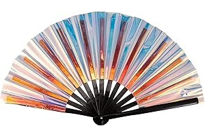 Qchengsan Colorful Laser Rave Hand Fan,Large Folding Hand Rave Fan,Festival Fan,Clack Hand Held Fan for Party,Bamboo Holding Hand Fan Large Foldable Fan with Bright Color as Rave Outfits for Women