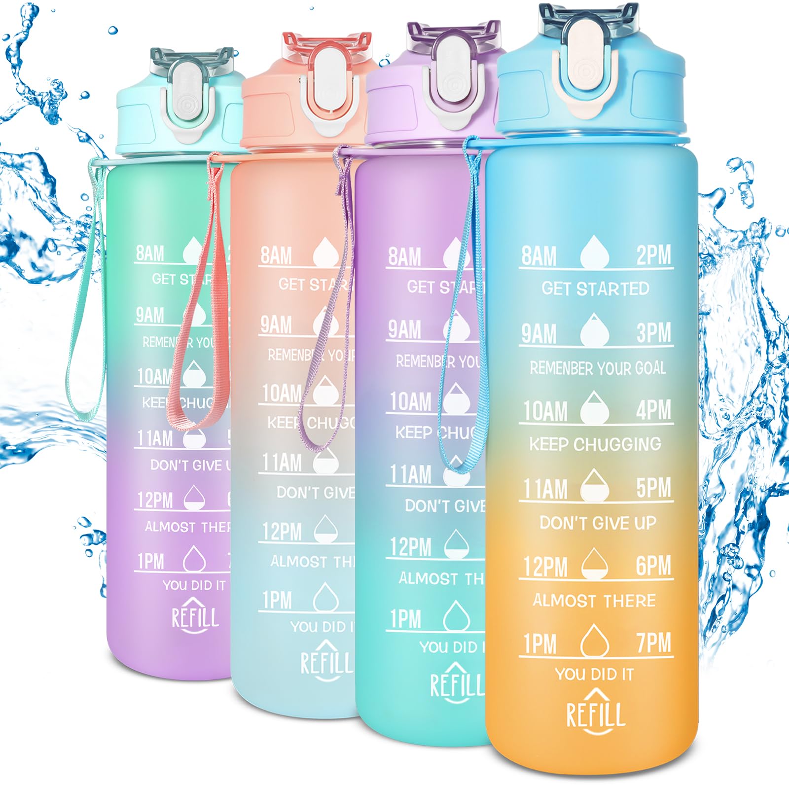 SUPPRUI Kids Water Bottle with Time Markings,700ML Motivational Water Bottles with Straw, Leakproof BPA-free Tritan Drink Bottle for Sport,Cycling,Gym, School & Office (Blue & Orange)