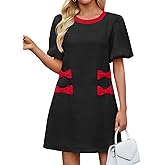 Wenrine Womens Summer Mini Dress Casual Tweed Short Sleeve Bow Work Business Dresses with Pockets