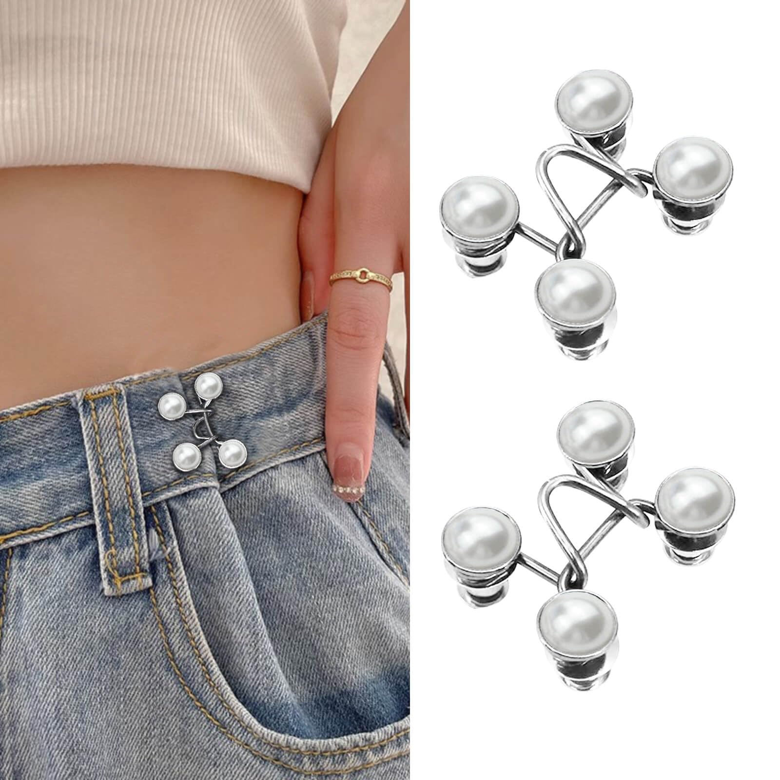 Adjustable Jeans Button, Removable Waist Cincher, No Sewing can be Reused, Suitable for Loose-Fitting Jeans, Belt Cincher, can Help the Wearer Better Show the Figure (White Pearl)