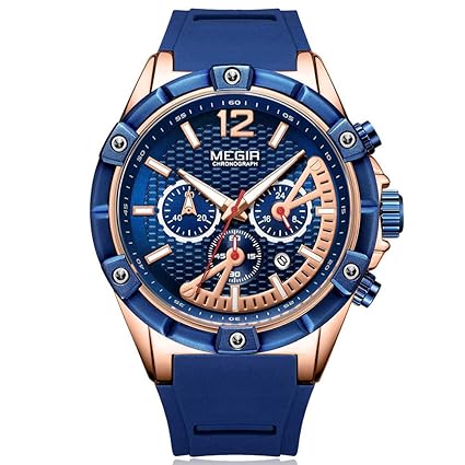 Megir Herren Uhren Luxus Rose Gold Militär Armbanduhr mit Blau Silikonarmband Groß Chronograph Kalender Wasserdicht Leucht XL