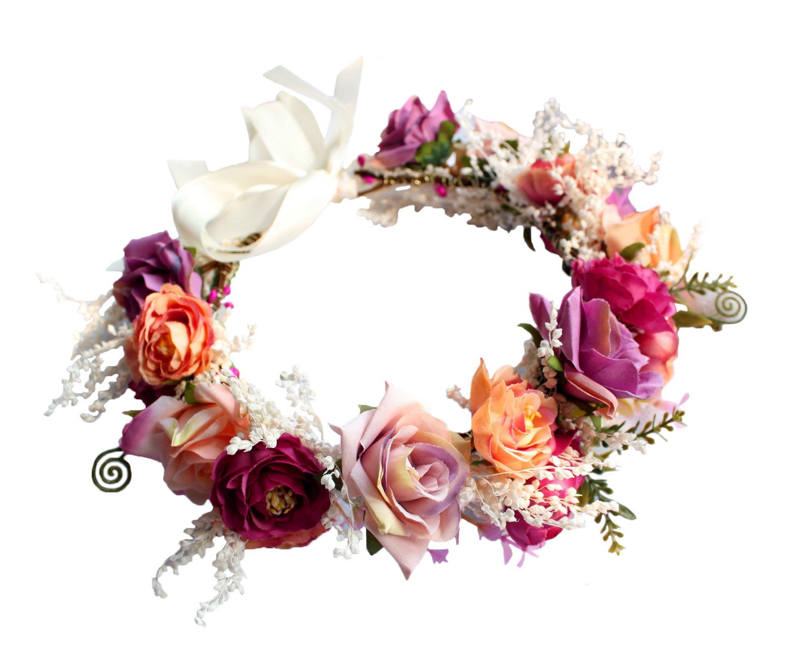 Brikuinr Rose Flower Crown Floral Wreath Headband Hair Wreath Hair Garland Flower Halo Floral Headpiece Boho with Ribbon Wedding Party Festival Rosy