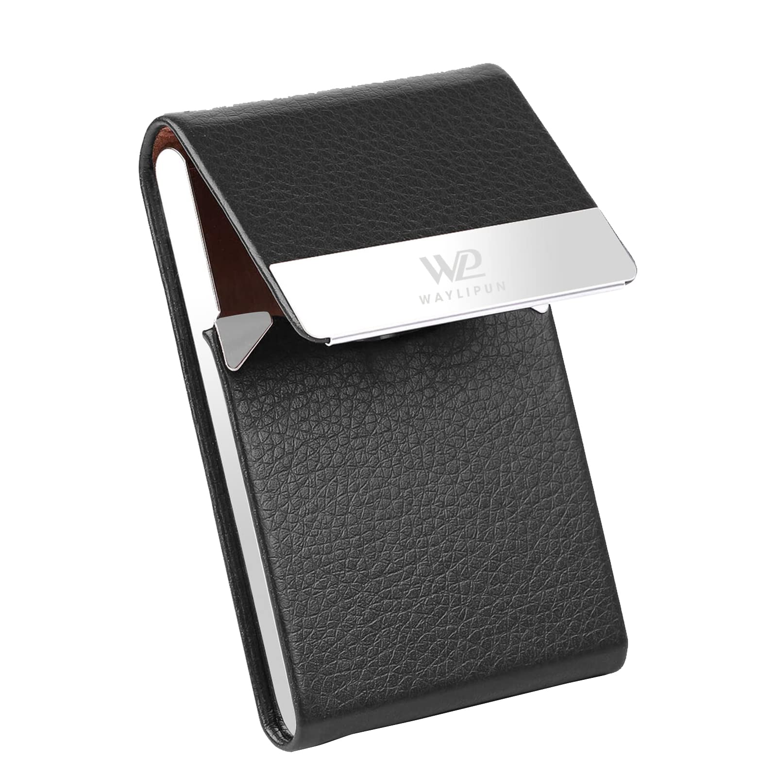 Waylipun Business Card Holders, Professional PU Leather & Stainless Steel Slim Metal Pocket Card Holder with Magnetic Shut - Black