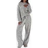 APRTEAK Womens Striped Lounge Sets 2 Piece Oversized Pajama Set Long Sleeve Wide Leg Drawstring Pants with Pockets Sleepwear