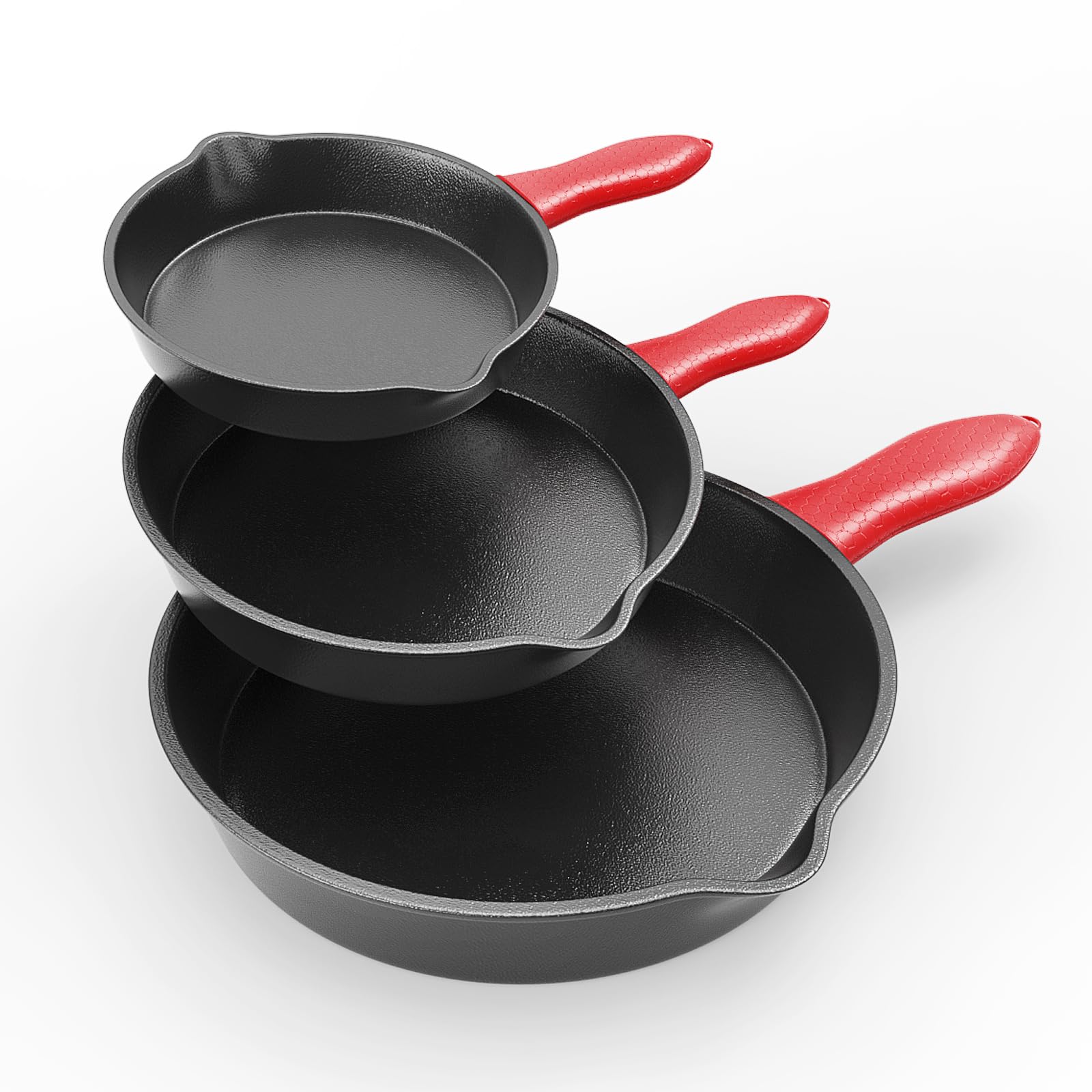 Photo 1 of *MAJOR DAMAGE*
Cast Iron Skillet XMR 3 Piece Set, Cookware Set 6, 8, 10 Inch, for Frying, Saute, &More, for Oven, Stove, Grill, or Campfire, Black, with Silicone Handle Grip Covers