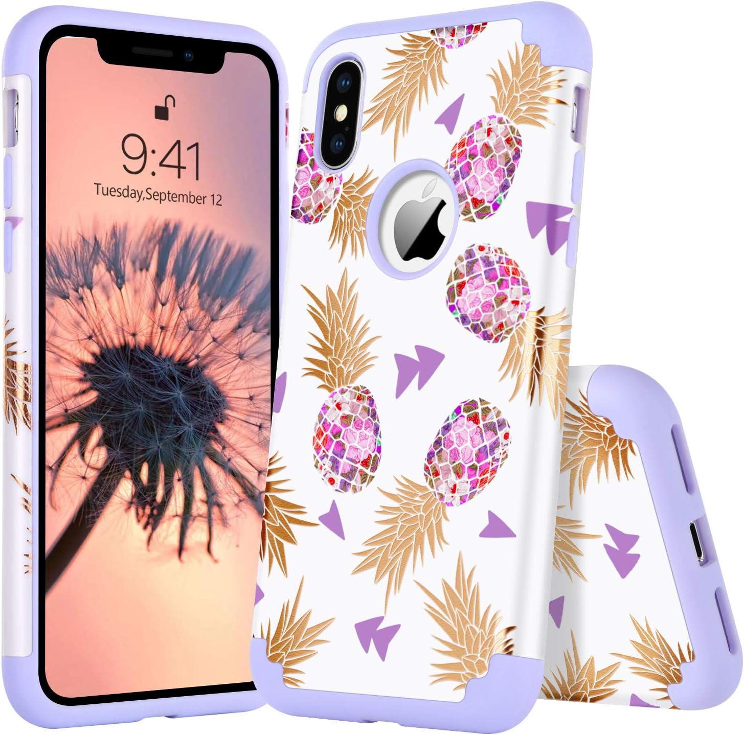 YINLAI iPhone Xs/X Case, Cute Pineapple Slim Sleek 2 in 1 Soft Silicone Hard PC Shockproof Durable Sturdy Protective Girly Women Phone Covers for Apple iPhone Xs/X, Purple Pineapple