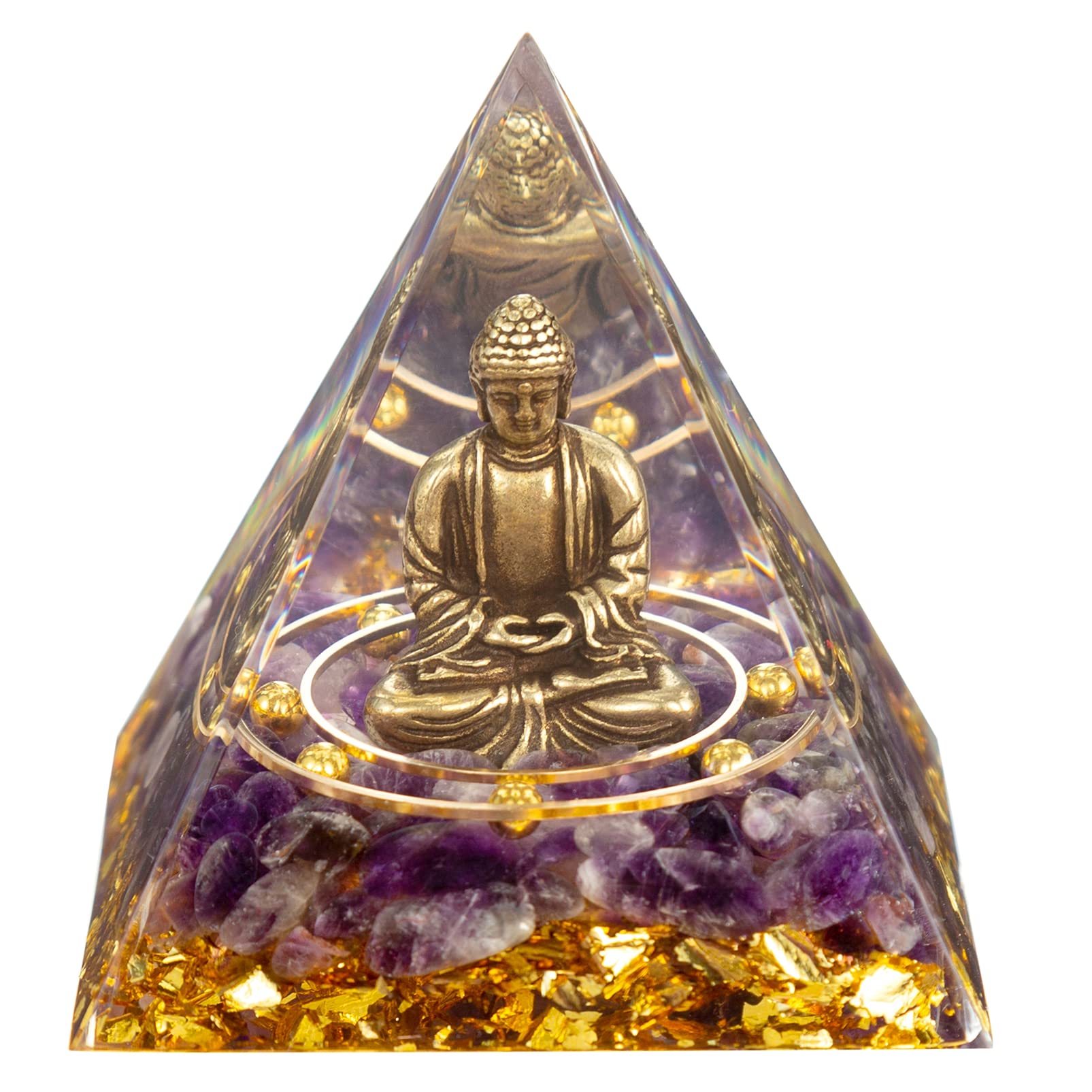 FENGSHUI-CAISHEN Pequeña estatua de Buda en pirámide de orgonita de cristal curativo, amatista con estatuilla de Buda bebé, decoración interior de escritorio de meditación Reiki Chakra