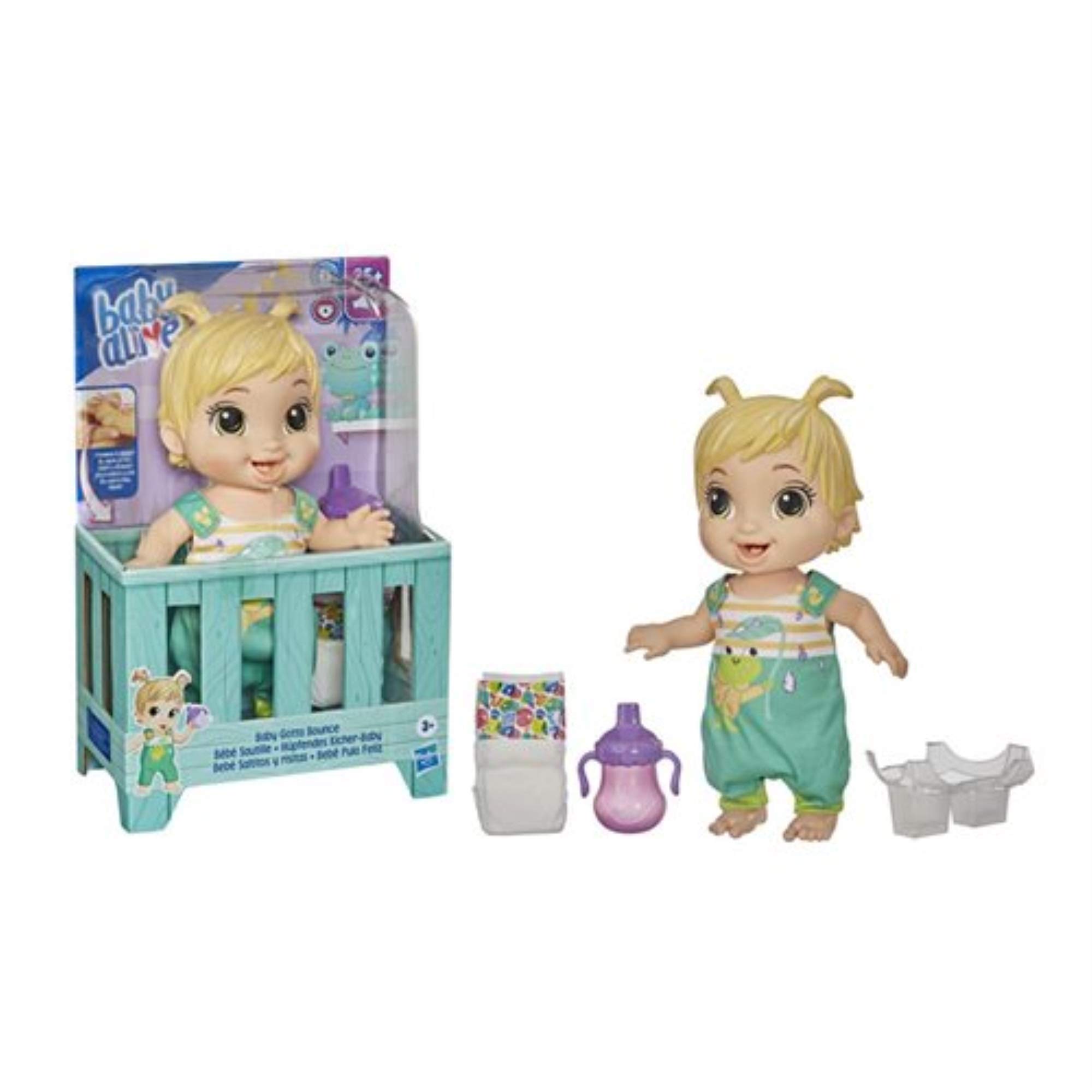 Baby Alive Baby Gotta Bounce Doll, Frog Outfit, Bounces with 25+ SFX and Giggles, Drinks and Wets, Blonde Hair Toy for Children Aged 3 and Up