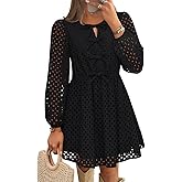 ZESICA Women's Long Sleeve Mini Dress 2026 Fall Crewneck Tie Front Hollow Out Eyelet Babydoll A Line Short Dresses