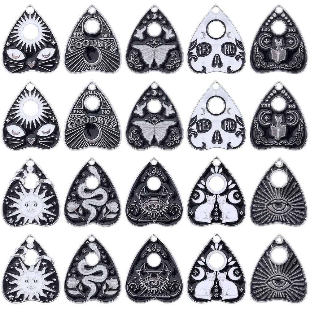 SUNNYCLUE 1 Box 20Pcs 10 Styles Tarot Charms Bulk Enamel Magic Charm Black Silver Alloy Cat Halloween Ouijas Heart Gothic Charm for jewellery Making Charms DIY Supplies Bracelets Necklace Accessory
