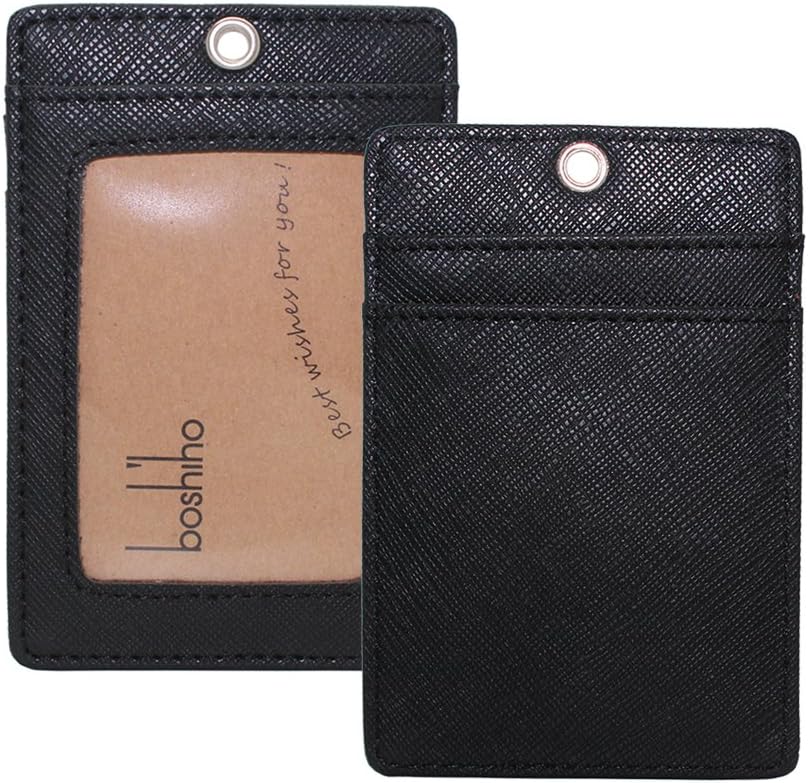 Boshiho Vertical Style Leather ID Card Badge Holder with Keychain Lanyard 1 ID Clear Window Vertical Style (Black with Keychain) - Image 5