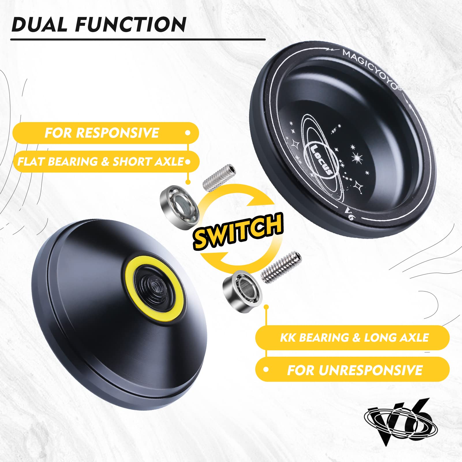 Pack of 2 Responsive YoYos - Plastic Yoyo K1 Blue &Alloy Yoyo V6 Black Dual Purpose (Unresponsive Bearing Kit), with 2 Yoyo Bags + 24 Strings and 1 Yo-Yo Glove Gift