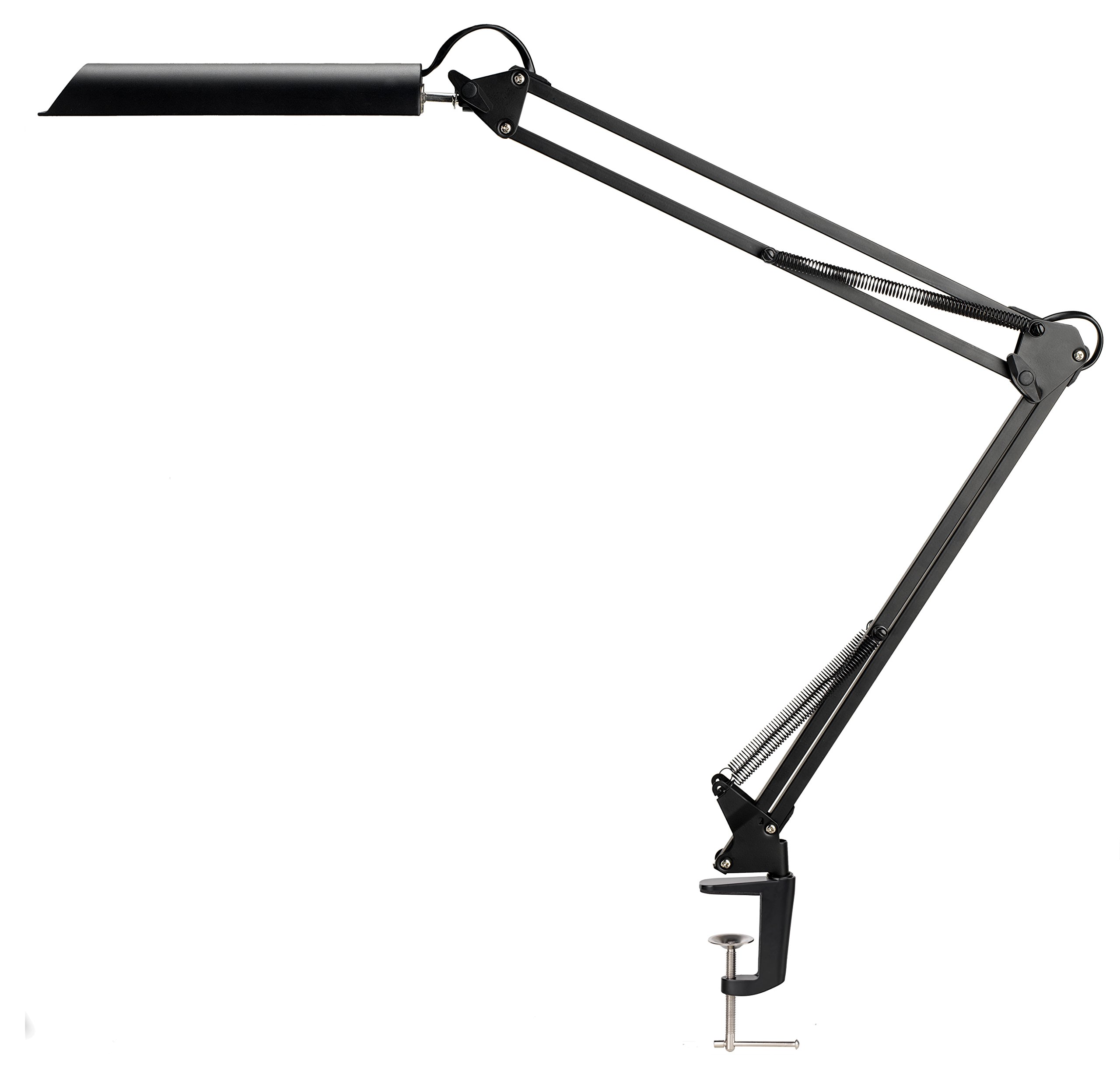 Unilux Swingo LED Desk Lamp, 9W Office Task Light with 3-Level Dimmer, Double Articulated Spring-Balanced Arm, Base or Clamp Mount, Warm White, Black