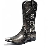 Men’s Western Cowboy Boots with Triple Buckle Straps, Pointed Toe, Durable Leather Riding Boots