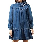 EZAPINE Women's Puff Long Sleeve Denim Dress Ruffle Mock Neck Tiered Mini Babydoll Dress Casual Flowy Swing Jean Dresses