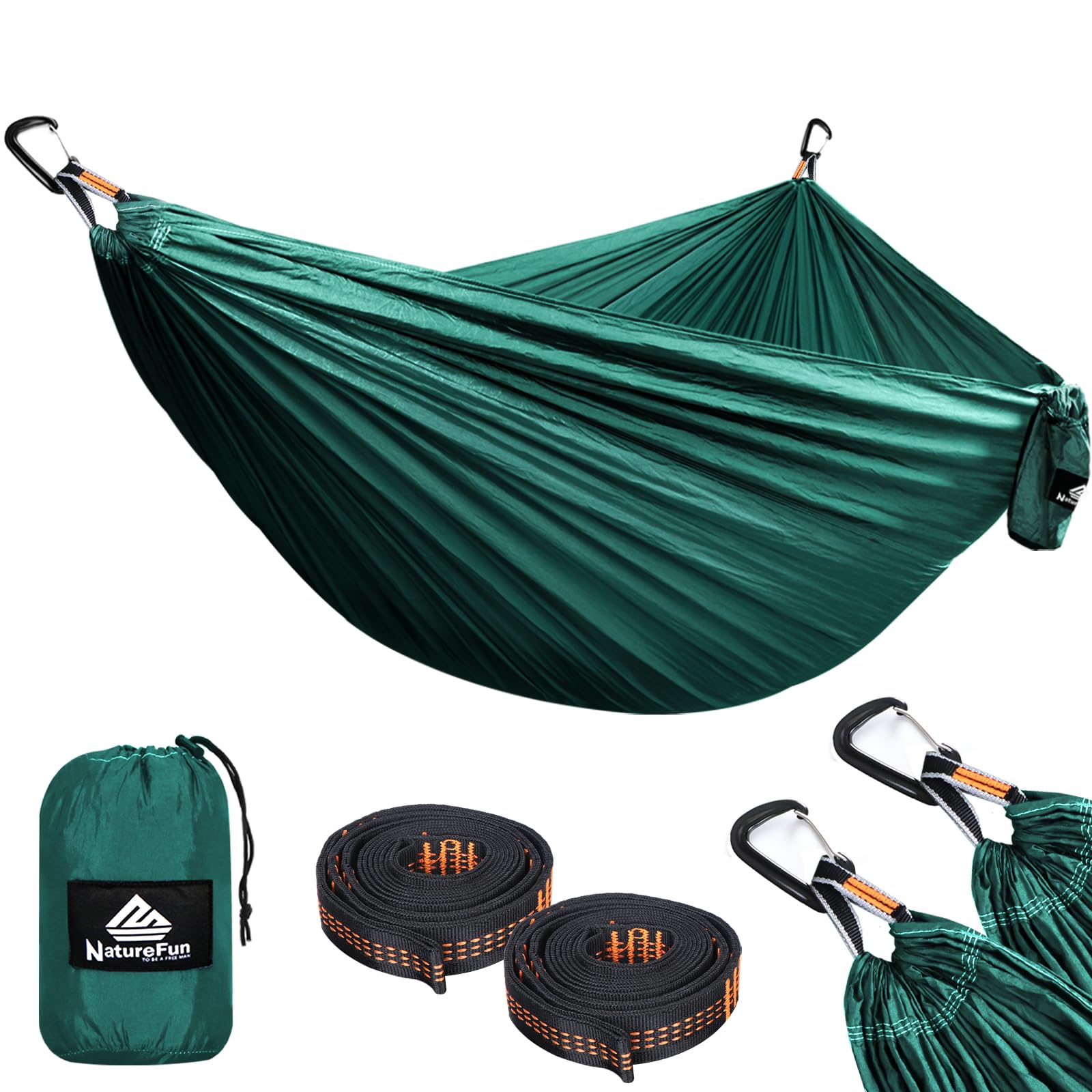 NATUREFUN Ultra-Light Travel Camping Hammock | 300kg Load Capacity,(300 x 200 cm) Breathable,Quick-drying Parachute Nylon | 2 x Premium Carabiners,2 x Nylon Slings Included | For Outdoor Indoor Garden