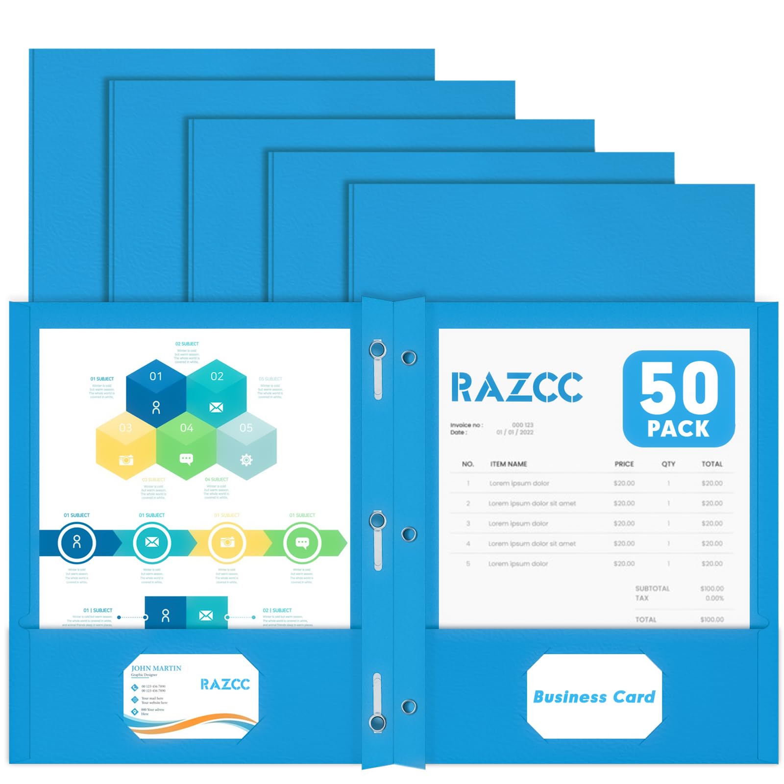 Photo 1 of Two Pocket Folders, RAZCC 50 Pack Two Pocket Folders with Prongs, 3 Prong Folders Fit Letter Size Paper, Pocket File Folders for School Office Home Business, Blue