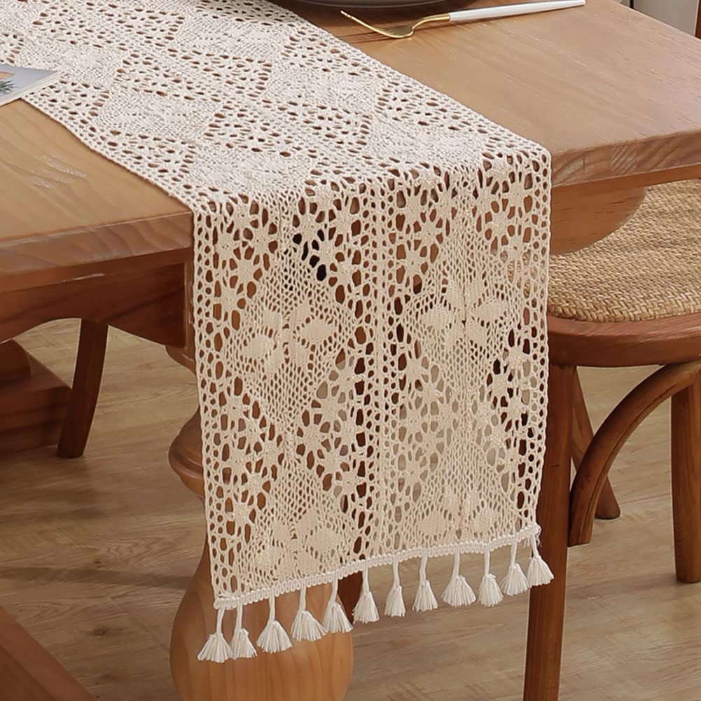 meioro Crochet Table Runners, 30x120cm Lace Table Runner Classic Beige Wedding Tablecloth Vintage Tassel Table Cover for Kitchen Dining Holiday Party Decoration
