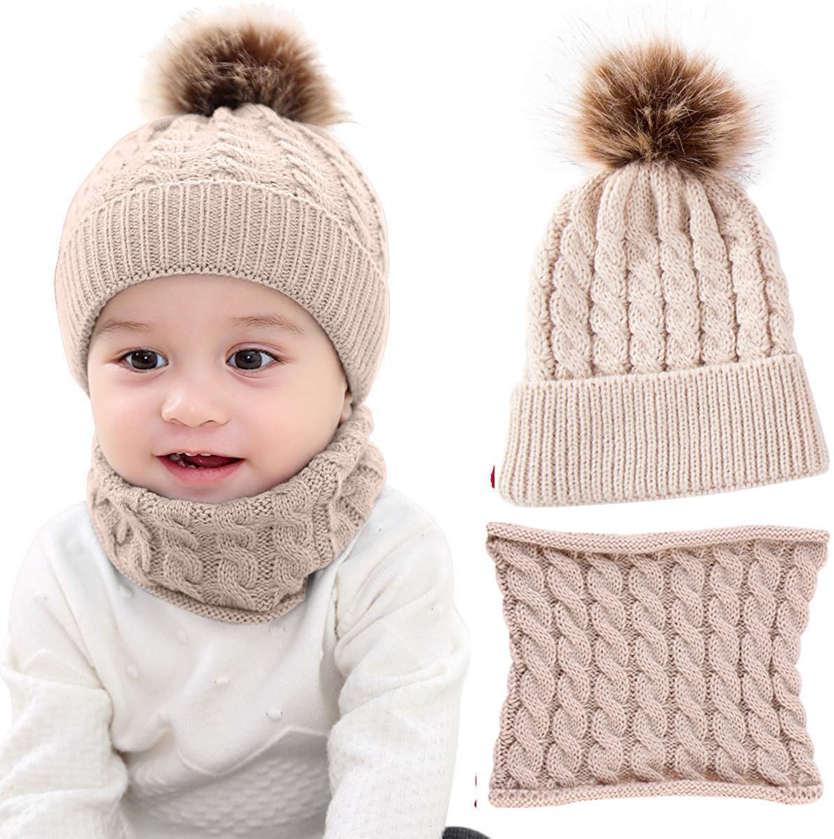 CheChury Toddler Hat and Scarf Set Baby Warm Knit Pom Beanie Cap with Circle Loop Scarf Neckwarmer 1-3 Years