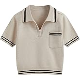 CIDER Short Sleeve Sweater Knit Top Collar Neck Stripe Pullover Casual Elegant Women’s Collared Sweaters