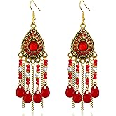 Ricarmo Bohemian Dainty Vintage Gold Crystal Teardrop Chandelier Lightweight Dangle Drop Earrings Retro Alloy Chain Fringe Hook Earrings For Women Jewelry Gifts