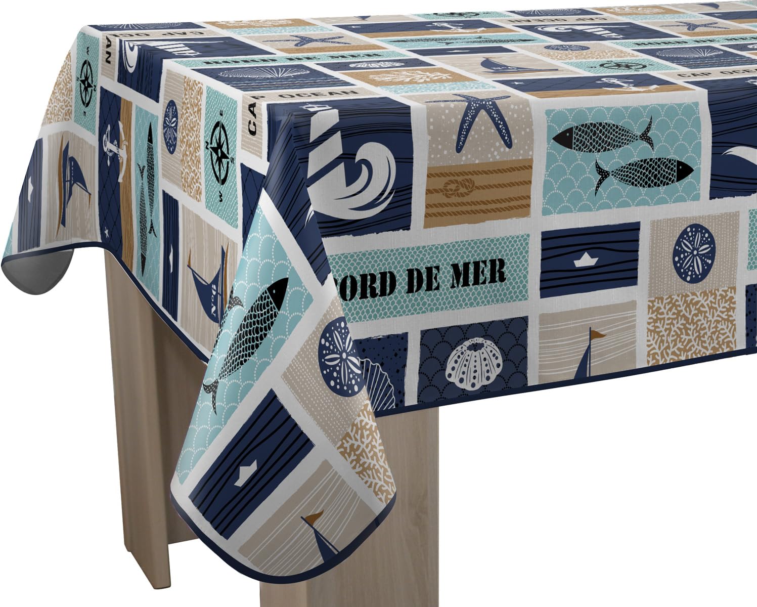 Le linge de Jules Stain-Resistant Tablecloth Seaside Rectangular 150 x 350 cm, Blue, Beige
