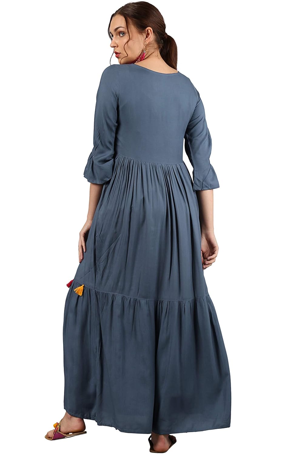 janasya women's rayon flared plain tassel gown