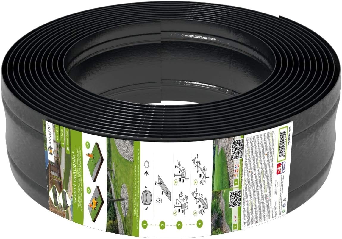 AMISPOL Elastische Rasenkante Kunststoff schwarz 12 m (125/4 mm) - Beeteinfassung Rund - Beetumrandung für Kurven - Blumenbeet Umrandung unsichtbar - Rasen und Beetbegrenzung aus stabilem Plastik