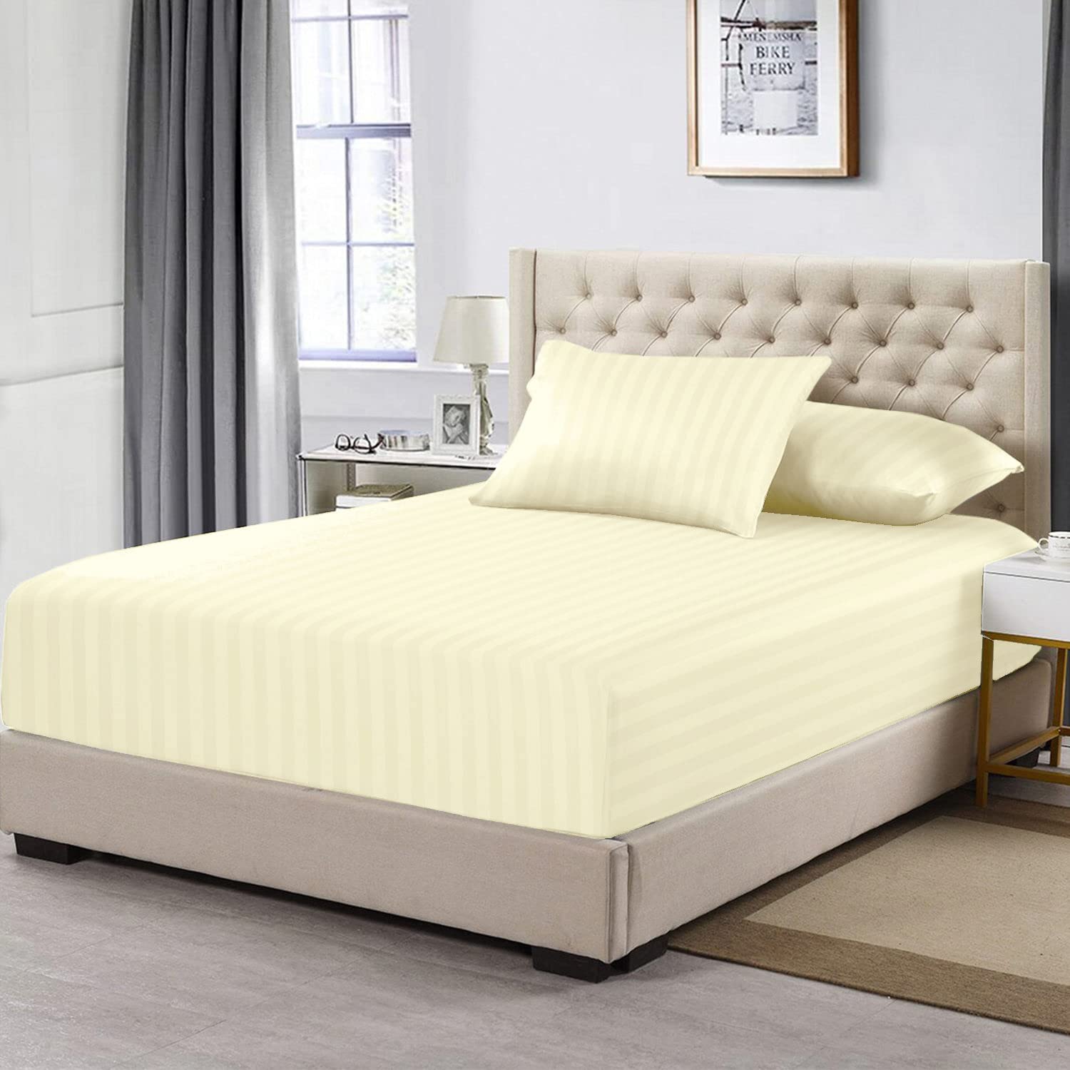 Cotton Cream Satin Stripe Fitted Bed Sheets Double, 300 Thread Count 100% Long Staple Cotton Fitted Sheet, Sateen 140cm x 200cm Double Fitted Sheet Deep Fit upto 40 cm (Cream Damask Bedding) - Pizuna
