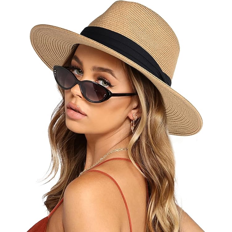 Surblue Chapeau De Paille Pour Femme à Large Bord Pliable Panama Chapeau De Soleil Fedora UPF50+, Beige