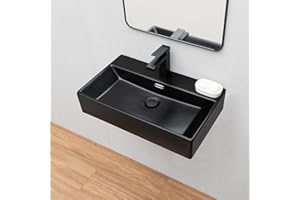 Wall Mount Black Bathroom Sink,KINGO HOME 24 inch Bathroom Vessel Sink Free Standing Wall Hung Sink Rectangle,Porcelain Ceramic Vessel Floating Vanity Sink Art Basin with Faucet Hole and Overflow