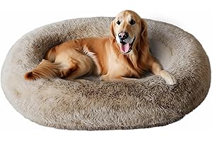 Cozzze Orthopedic Calming Dog Bed for Extra Large Dogs XL, Anti Anxiety Pet Bed with Supportive Foam, Removable Washable Oval Bed, Fluffy Dog Cuddle Bed, Beige