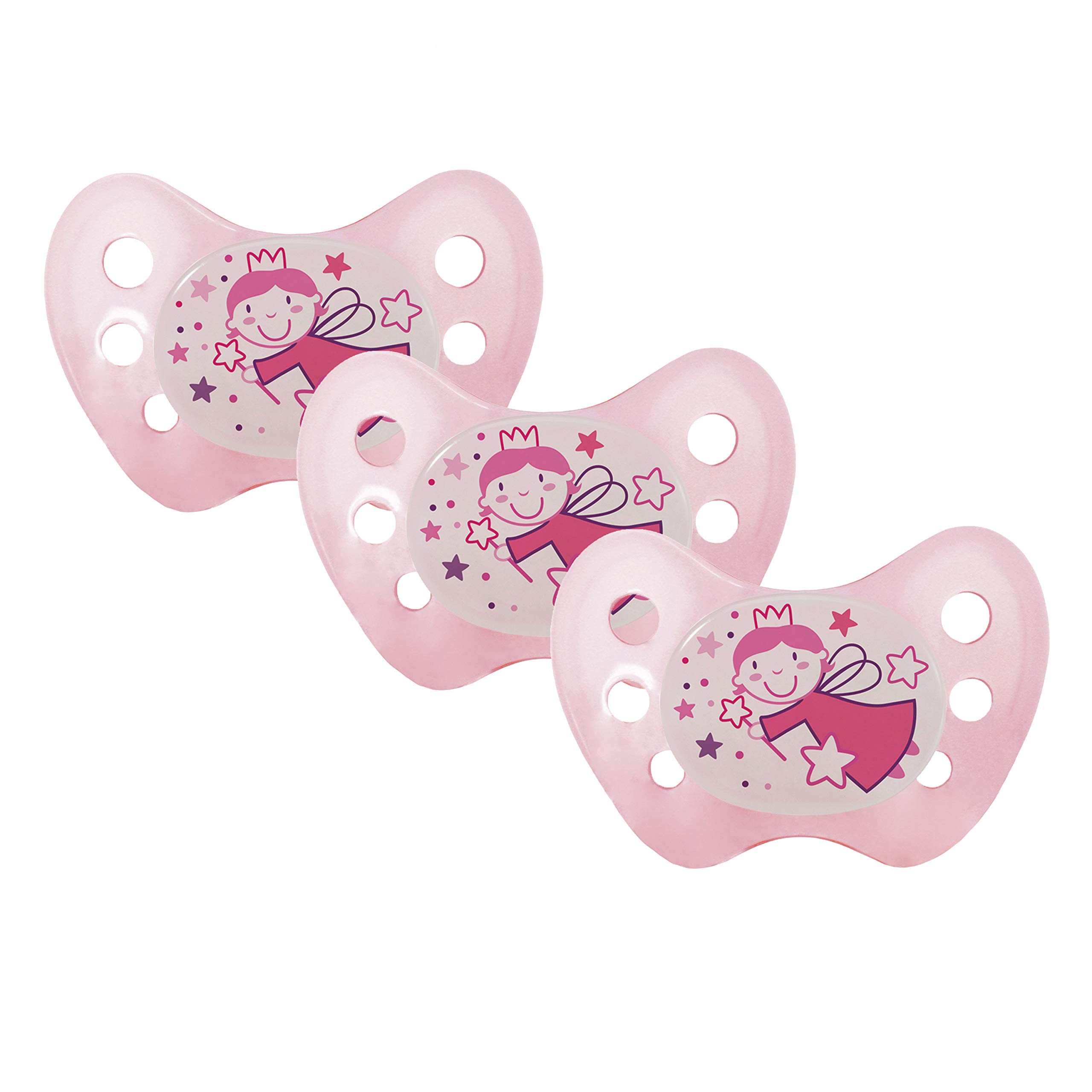 dentistar Night Silicone Soother Set of 3 - Size 1, 0-6 Months - Silicone Soother with Dental Step - Glow in The Dark Baby Dummy - Made in Germany - Fairy, Rose