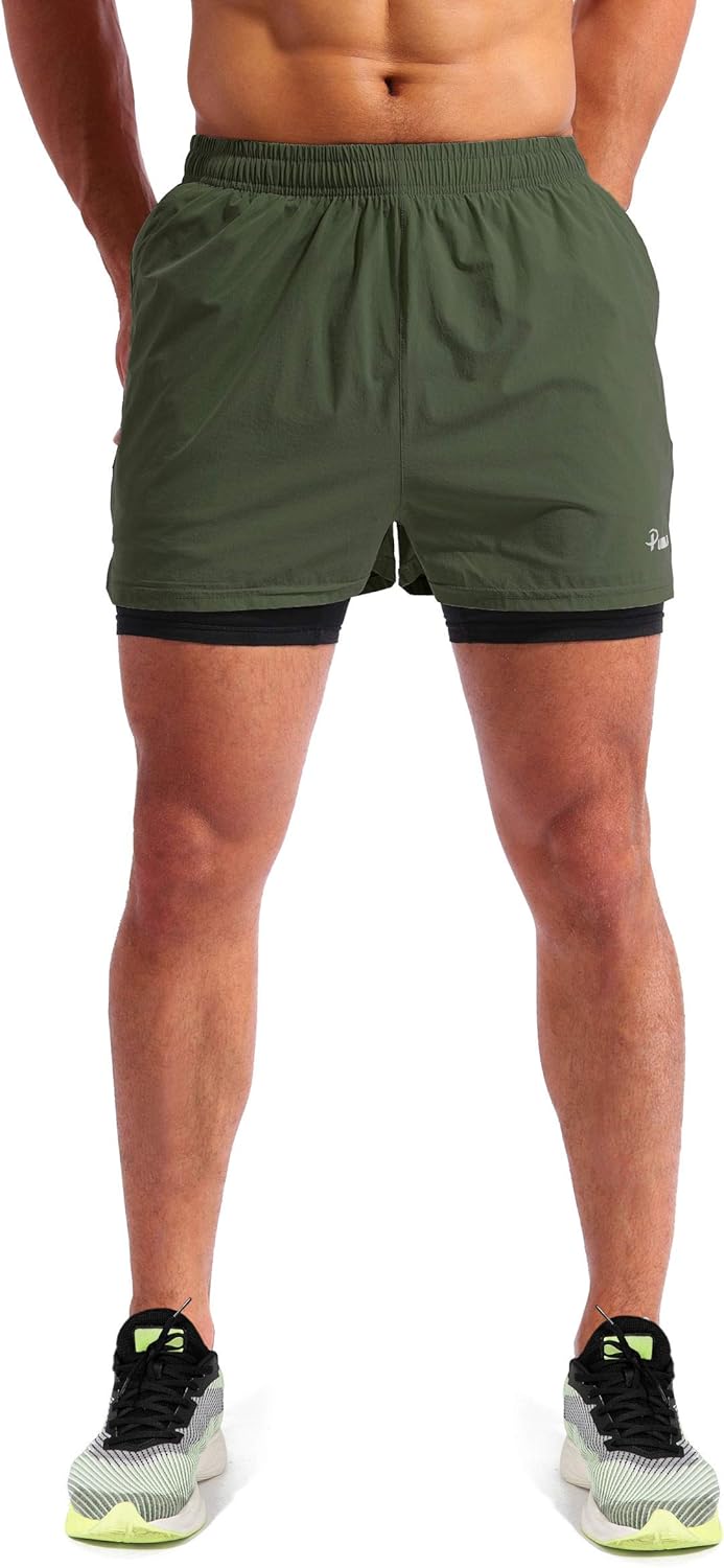 Pudolla Men’s 2 in 1 Running Shorts 5" Quick Dry Gym Athletic Workout Shorts for Men with Phone Pockets: Clothing