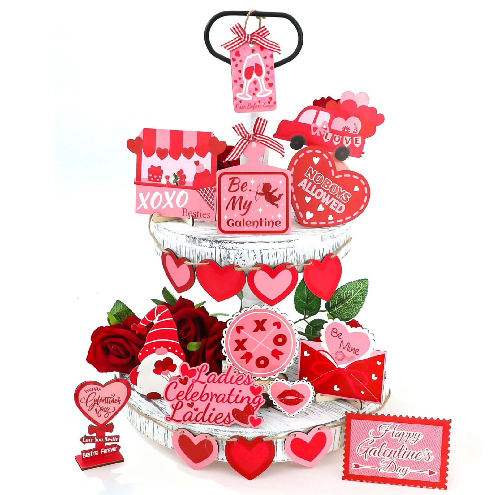 Photo 1 of 19Pcs Galentines Day Decorations Tiered Tray Decor, Galentines Gnome Heart Centerpieces Sign, Be My Galentine Table Decorations for Ladies Party Home Kitchen Living Room