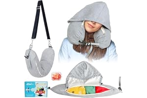 EZ4UVOY Stuffable Neck Pillow for Travel with Hood, Hoodie Travel Neck Pillow Stuffable with Clothes, Fillable Travel Pillow Storage Bag, Soft Empty Neck Pillow Case, Packable for Airplane Travel Essentials